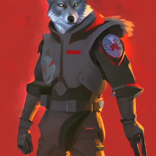 Prompt: portrait of wolf o'donnell from starfox in a red and dark dark grey space mercenary uniform, artstation, greg rutkowski, gregory manchess, greg hildebrandt, concept art, furry trending on furaffinity, wolf o'donnell