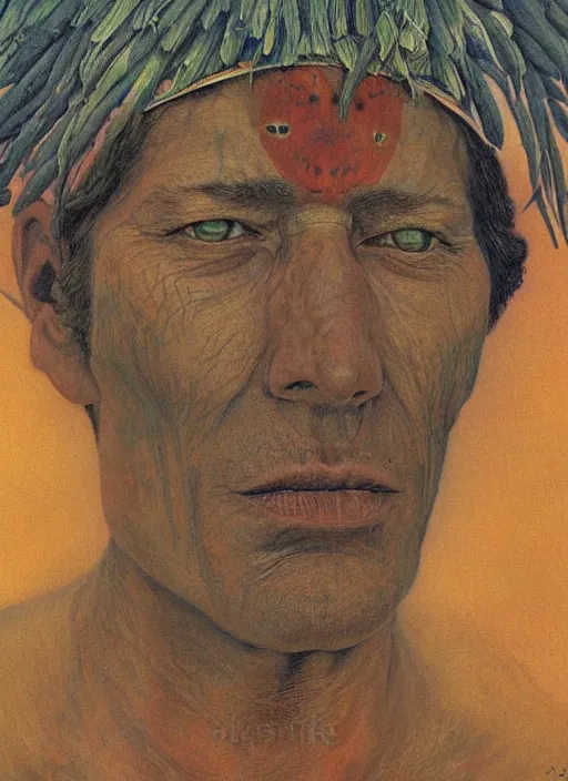 Prompt: a surreal painting of a shaman's face, by jean giraud, symbolist, soft colors, dramatic lighting, smooth, sharp focus, extremely detailed, aesthetically pleasing composition