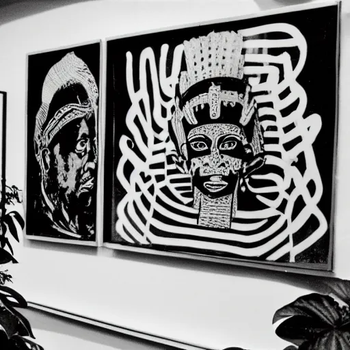 Image similar to A black and white photography in sérigraphie of an exhibition space with works of Sun Ra, Marcel Duchamp and tropical plants - W 1280