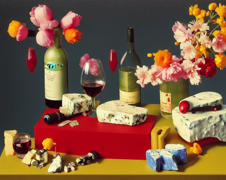 Image similar to an achingly beautiful still life featuring blooming flowers, cheeses, red wine, and toy cars by Raphael, Hopper, and Rene Magritte. detailed, romantic, studio lighting, enchanting, trending on artstation.