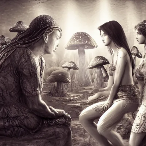 Image similar to mushroom goddess with group of elders, discussing the new season of friends, cynical realism, hiroya oku painterly, yoshitaka amano, chris cunningham, black and white, beautiful lighting, 3 d render, 8 k