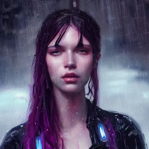 Image similar to very detailed masterpiece painting of a very beautiful wet caucasian young cyberpunk woman with dark purple hair, cyberpunk background, raining, closeup, portrait, artstation, concept art by greg rutkowski