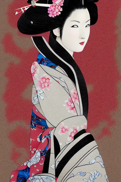 Image similar to beauty geisha, japanese digital art, 8k, character, realistic, portrait, photorealism, japanese watercolour