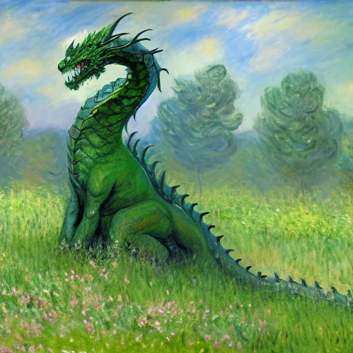 Image similar to A large green dragon sitting in a flowery meadow by Claude Monet, deviantart, furaffinity, highly detailed