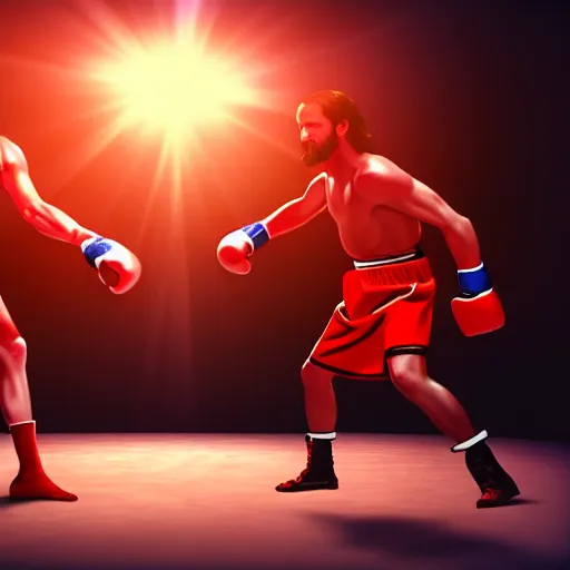 Prompt: Jesus and Satan fighting in a boxing ring, photorealistic, 4K