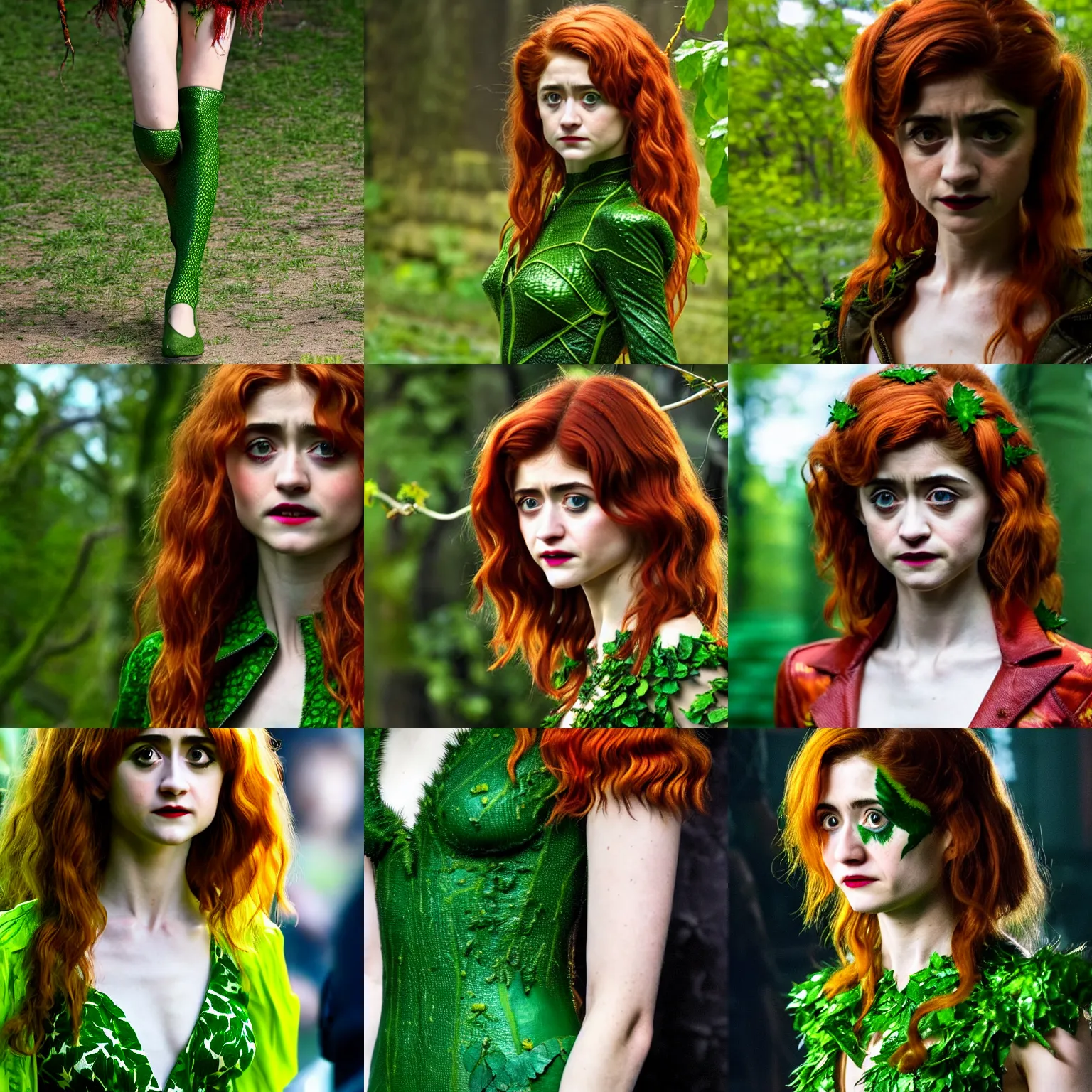 Prompt: Natalia Dyer as Poison Ivy, full body shot close up, details, sharp focus,