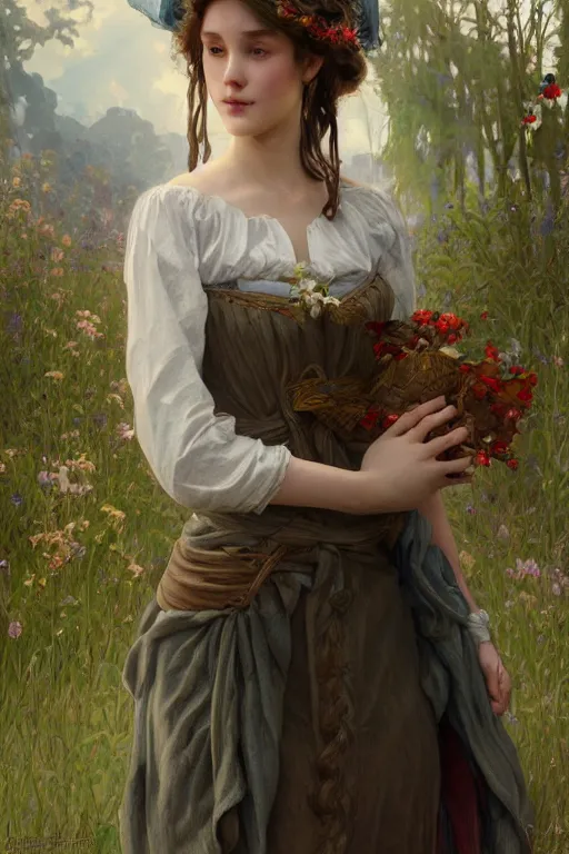 Image similar to beautiful cottagecore young peasant maiden, intricate, elegant, highly detailed, digital painting, artstation, concept art, smooth, sharp focus, illustration, art by artgerm and greg rutkowski and alphonse mucha