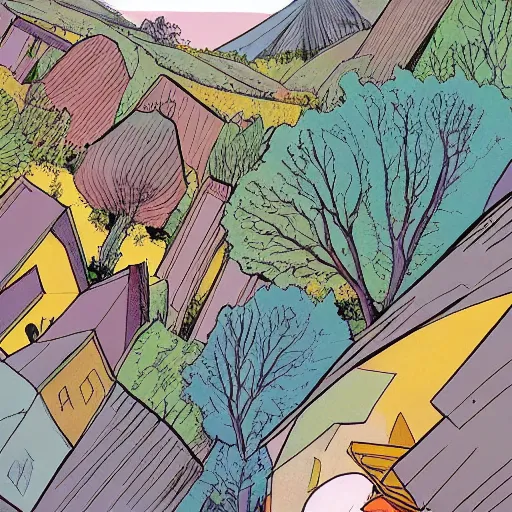 Image similar to polygon, ligne claire art of a sparse village intertwined with nature, by Moebius, bright colors, Eisner award-winning spread