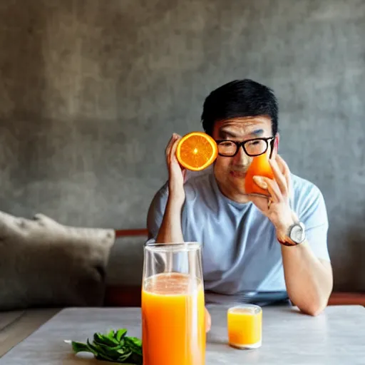 Prompt: asian man with glasses drinking orange juice