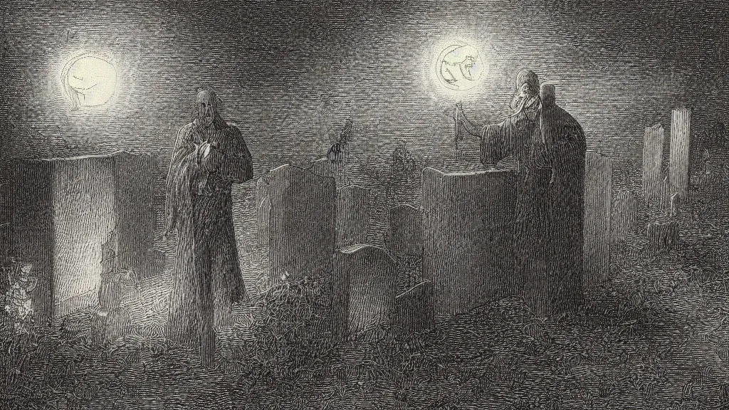 Image similar to an etching of a necromancer in a cemetery at night raising the dead