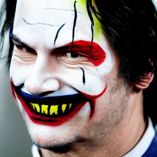 Image similar to Keanu reeves in clown Face paint inspired by the Joker