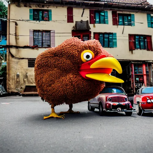 Image similar to Giant automoton chicken destroying a village (1942), Canon EOS R3, f/1.4, ISO 200, 1/160s, 8K, RAW, unedited, symmetrical balance, in-frame