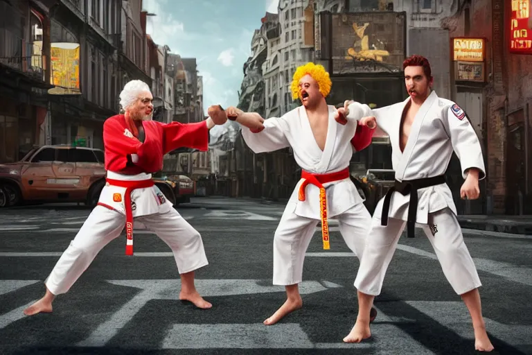 Prompt: ronald macdonald fights, colonel sanders, hyper real, 8 k, octane render, vivid, bright, photo realistic, martial arts, city street