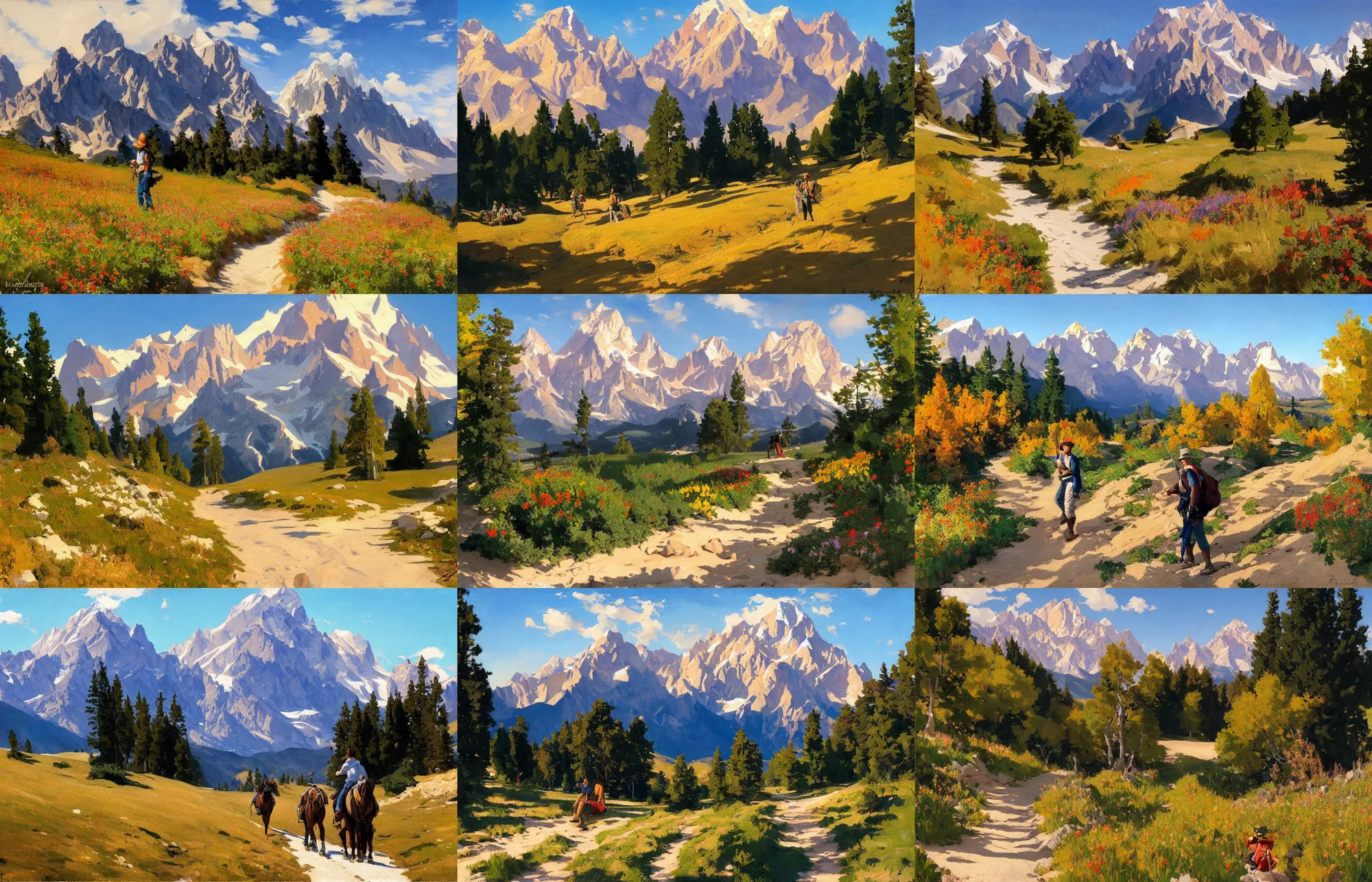 Prompt: painting by sargent and rhads and leyendecker and greg hildebrandt foothpath at indian summer with zugspitze in background