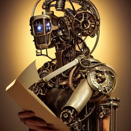 Image similar to a beautiful intricate fine art portrait photo of a a mechanical industrial steampunk cybernetic robot reading a letter held in her hands, by tom bagshaw and zach sutton, perfection!, happiness!!, golden ratio composition, studio lighting, 50mm lens, very detailed, bionic, cybernetic scifi, deep depth of field, artstation, 8K, highly coherent