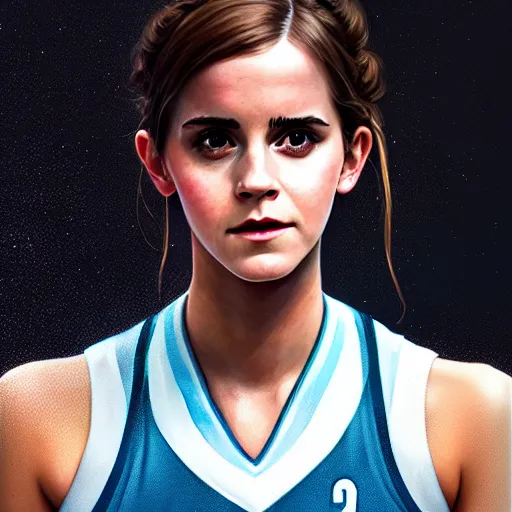 Image similar to unreal engine render of emma watson in a minnesota timberwolves uniform, fantasy art by greg rutkowski, loish, rhads, ferdinand knab, makoto shinkai and lois van baarle, ilya kuvshinov, rossdraws, tom bagshaw, global illumination, radiant light, detailed and intricate environment