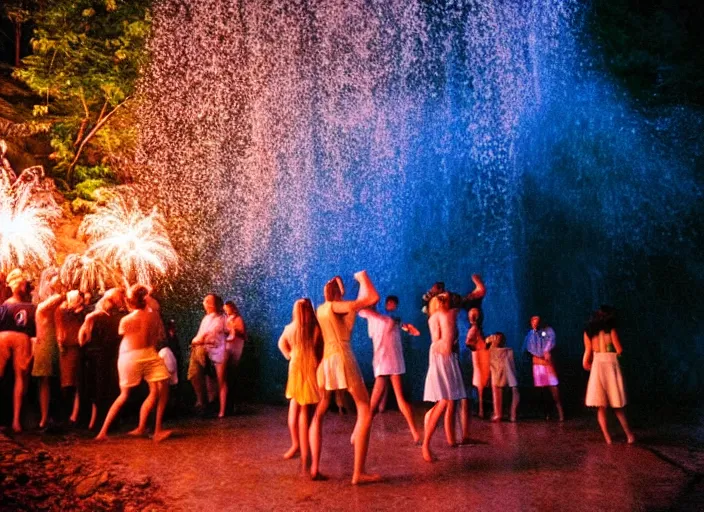 Image similar to people dancing under a waterfall highly detailed sharp zeiss lens 3 5 mm kodachrome film masterpiece ryan mcginley moonmilk fireworks trees nature running cave with blue ambient lighting