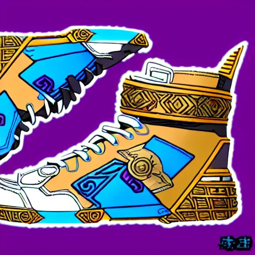 Image similar to fantasy jrpg sneaker design designed by capcom megaman, chrono trigger guilty gear sneaker styles, aztec mayan street fashion native punk sneaker design, focus on megaman hip hop sneaker design with subtle mayan patterns, trending on pixiv fanbox, painted by akira toriyama and studio ghibli princess mononoke megaman capcom