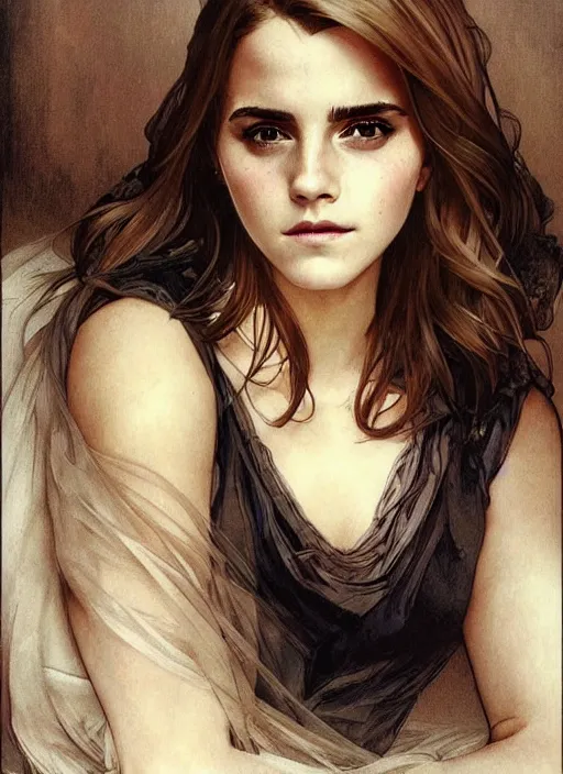 Image similar to emma watson giving seductive look. beautiful detailed face. by artgerm and greg rutkowski and alphonse mucha