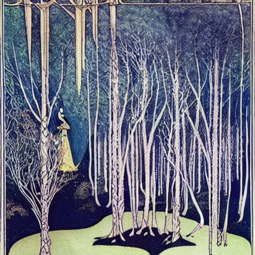 Prompt: an enchanted forest that resembles the High Priestess Tarot card by Kay Nielsen