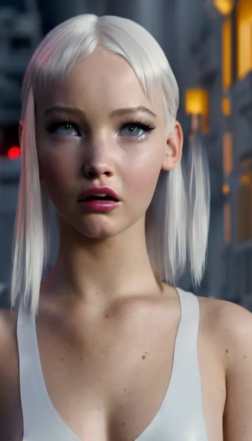 Prompt: a young woman who is a mix of dove cameron and madison beer and milla jovovich and jennifer lawrence stars as leeloo in the 2 0 2 4 remake of the 5 th element, wearing white scifi bandages, cinematic still, promotional photo, 8 k hdr, dramatic pose