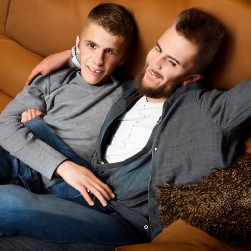 Image similar to two very handsome young men are cuddling on the couch