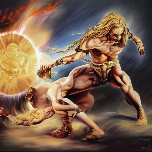 Image similar to An ultra realistic portrait painting of Gyro Zeppeli fighting Funny Valentine in the style of Frank Frazetta, 4k, Ultra realistic, Highly detailed, Dark fantasy, Epic lighting