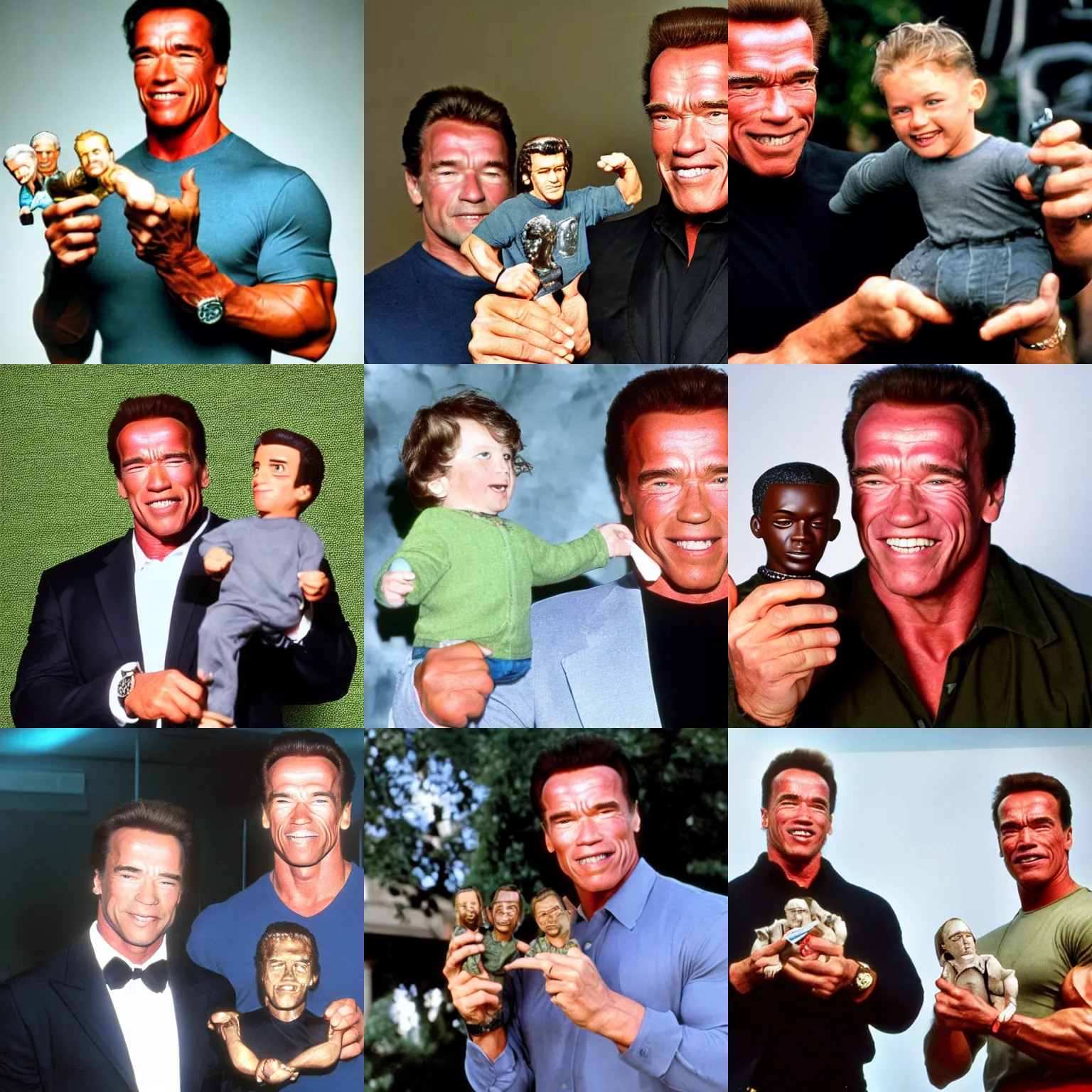 Prompt: arnold schwarzenegger holding a smaller scale version of an adult arnold schwarzenegger in his hand, both faces visible, hd