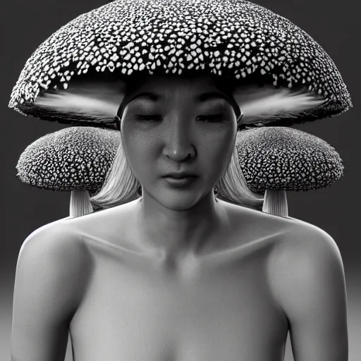 Image similar to mushroom goddess with extremely elegant headdress with group of elders in a ceremony for plant medicine, beautiful, hiroya oku, yoshitaka amano, alex grey, black and white, beautiful lighting, cinematic still, perfect render, 3 d render, unreal engine, 8 k