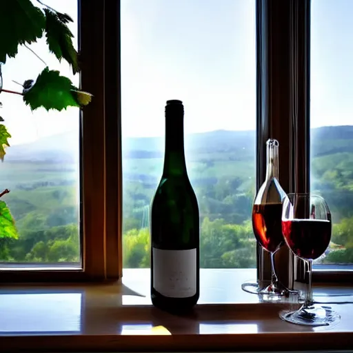 Prompt: wine bottle sitting on window sill with a view of beautiful vineyard