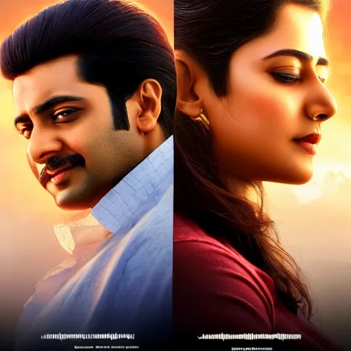 Image similar to perfectly centered bollywood movie promotional poster of young guy and beautiful girl side profile faces symmetrical ; real life portrait, ultra realistic, high coherence, intricate, hdr, highly detailed, photorealistic, octane render, 8 k, unreal engine ; romantic theme, two lovers sharing one heart ; art by artgerm, greg rutkowski, charlie bowater