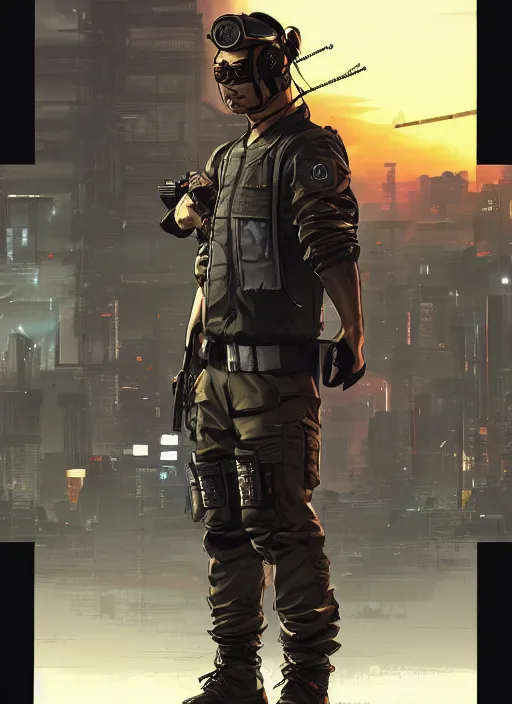 Image similar to Dangerous Tojo. buff Japanese cyberpunk mercenary wearing a cyberpunk tactical headset and military vest. Katana. square face. Realistic Proportions. Concept art by James Gurney and Laurie Greasley. Moody Industrial skyline. ArtstationHQ. Creative character design for cyberpunk 2077.