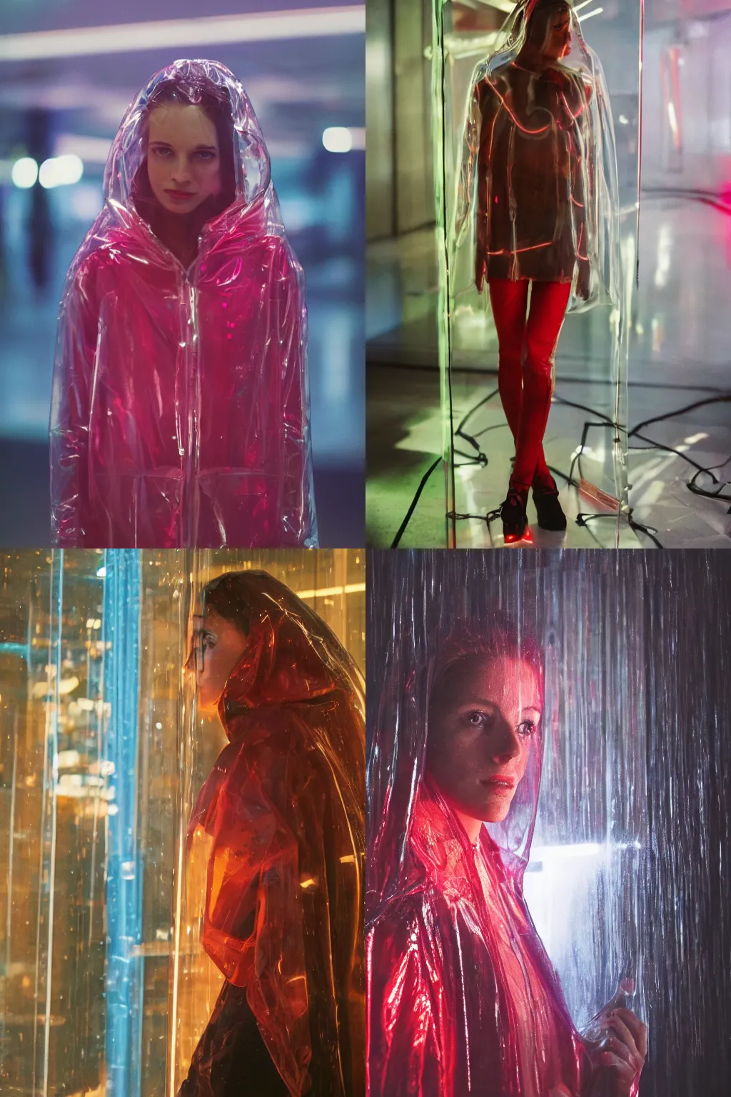 Prompt: A realistic and detailed portrait photography of a woman wearing a futuristic transparent raincoat with hoodie. by Annie Leibovitz. Neo noir style. Cinematic. Red neon lights and glow in the background. Cinestill 800T film. Lens flare. Helios 44m. Ultra detail. Photoreal. Depth of field.