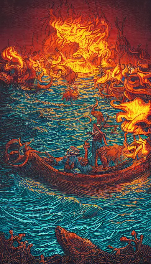 Prompt: man on boat crossing a body of water in hell with creatures in the water, sea of souls, by dan mumford