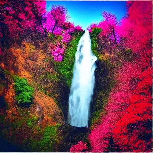 Prompt: “left wing president, good teeth, waterfall background, intense blue sky, trees, magenta colors”