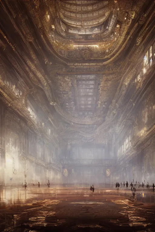 Image similar to inside of an imperial palace, powerfull, intricate, elegant, volumetric lighting, digital painting, highly detailed, artstation, sharp focus, illustration, concept art, ruan jia, steve mccurry