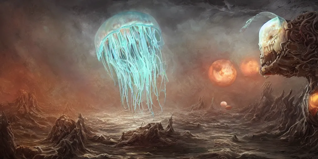 Image similar to concept art of giant translucent jellyfishes, lovecraftian, lots of teeth, melting horror, round moon, rich clouds, fighting the horrors of the unknown, high resolution, very detailed, roaring, volumetric light, mist, grim, fine art, decaying, textured oil over canvas, epic fantasy art, very colorful, ornate, anato finnstark