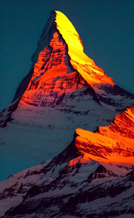 Image similar to a photo at nighttime of a powerful llumination of the matterhorn in the colors of indian flag, orange top, white middle, green base. projected illuminated on the matterhorn mountain at night