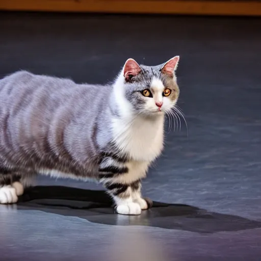 Image similar to ultra hd 8 k photo of a sad cat alone on a big opera stage