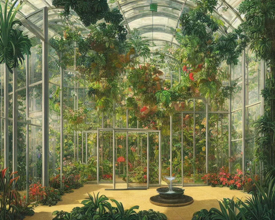 Prompt: an achingly beautiful print of the interior of a glass-walled botanic garden, featuring flowing fountains, tropical foliage, and pre-columbian antiquities by Raphael, Hopper, and Rene Magritte. detailed, romantic, enchanting, trending on artstation.