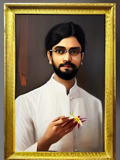 Image similar to water color painting, artwork by raja ravi varma, of a solo individual portrait of an indian guy holding lilies, dapper, simple illustration, domestic, nostalgic, full of details, matte painting, trending on artstation and unreal engine