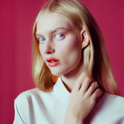 Image similar to realistic photoshooting for a new balenciaga lookbook, color film photography, portrait of a beautiful blonde woman, in style of Alexandra Leese, 35mm, film photo