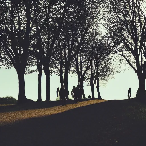 Image similar to sunse, tree silhouettes, ghostly people, small town, nostalgic town, trees over roads