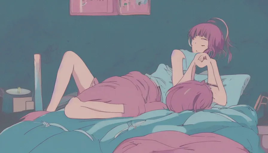 Image similar to girl laying on bed, rainy day, anime, ghibli, 9 0 s, retro style, aesthetic, pastel color