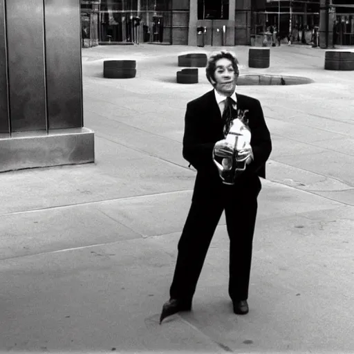 Image similar to George Segal as Jack Gallo from the NBC sitcom just shoot me 1997 is standing outside 30 Rockefeller Plaza holding a Banjo.