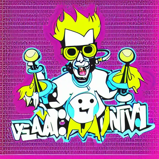 Image similar to svg vector sticker of absolutely insane-mad-scientist-villain, rocking out, wearing headphones, huge speakers, dancing, rave, DJ, spinning records, digital art, amazing composition, rule-of-thirds, award-winning, trending on artstation, featured on deviantart