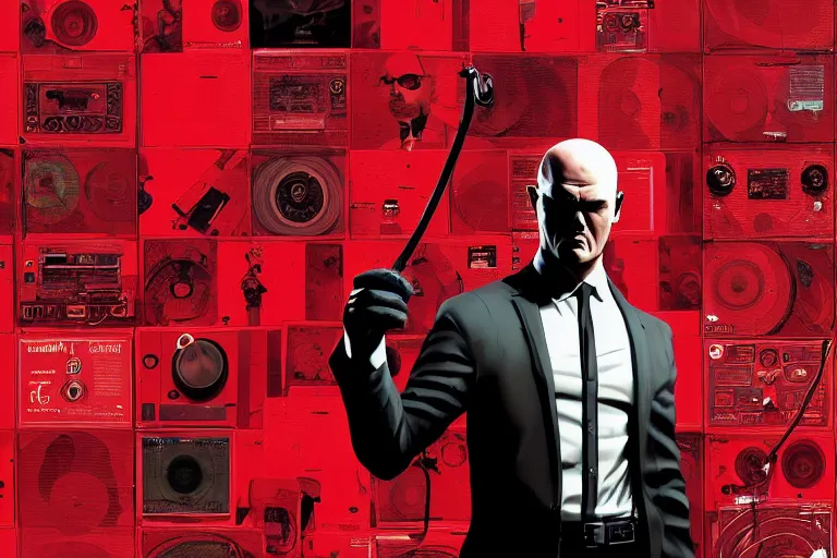 Image similar to an expressive portrait of agent 4 7 from hitman wearing headphones standing in front of a wall of vinyl records, speakers and cables, dark background, red rim light, digital art, artstation, concept art by giger stalenhag