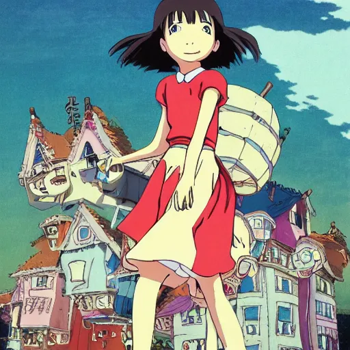 Image similar to A girl and her monster, bright, happy, joyful, Hayao Miyazaki style, Studio Ghibli