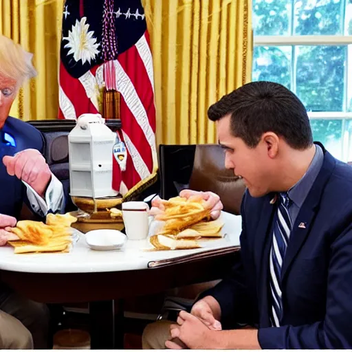 Image similar to photograph of trump and Biden sitting and eating breakfast at a Wafflehouse