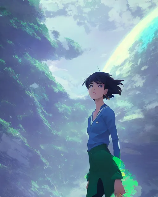 Prompt: a girl wearing a blue and green outfit that looks like earth, full shot, atmospheric lighting, detailed face, by makoto shinkai, stanley artgerm lau, wlop, rossdraws